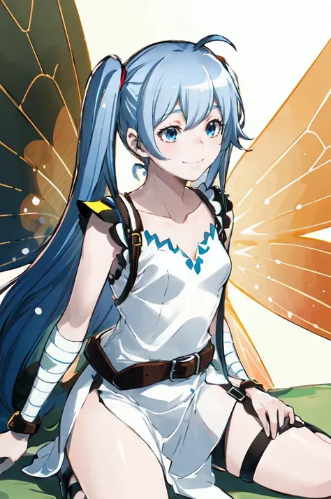 ultra detailed, masterpiece, best quality, solo, soft smile, light smile, <lora:chara_BenriyaSaitousanIsekainiIku_Lafanpan_v2:0.7> lafanpan, twintails, blue hair, long hair, ahoge, blue eyes, (wings:1.2), collarbone, small breasts, white dress, belt, bandages, wrist wrap, sleeveless, gladiator sandals, <lora:yasuda-suzuhito_Fp:1>