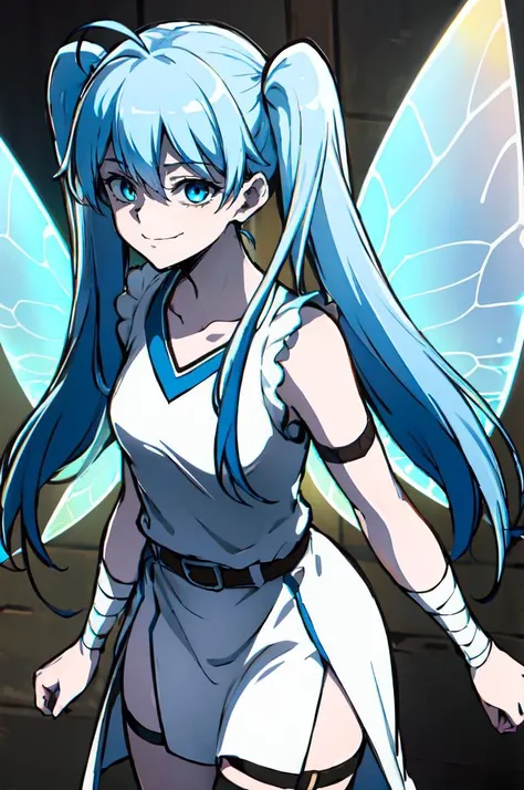 ultra detailed, masterpiece, best quality, solo, soft smile, light smile,  <lora:chara_BenriyaSaitousanIsekainiIku_Lafanpan_v2:0.8> lafanpan, twintails, blue hair, long hair, ahoge, blue eyes, (wings:1.2), collarbone, small breasts, white dress, belt, bandages, wrist wrap, sleeveless, gladiator sandals,