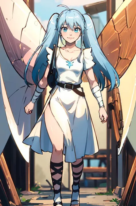 ultra detailed, masterpiece, best quality, solo, soft smile, light smile,  <lora:chara_BenriyaSaitousanIsekainiIku_Lafanpan_v2:0.7> lafanpan, twintails, blue hair, long hair, ahoge, blue eyes, (wings:1.2), collarbone, small breasts, white dress, belt, bandages, wrist wrap, sleeveless, gladiator sandals,   <lora:DerpixonStyle:1>