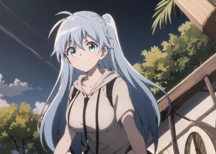 masterpiece, best quality, (anime), (illustration), cartoon, soothing tones, calm colors, detailed, detailed background, smile, streaked hair, blue eyes, blue hair, hair, long hair, smile, hoodie, portrait, neon, graffiti, dark, night, glowing eyes, blacklight <lora:lafanpanBenriyaSaitouSan_v11:1> ,1girl, casual one-piece swimsuit , night sky, detaled eyes, large breasts, cloud, cowboy shot, dappled sunlight, day, outdoors, palm tree, shade, sidelocks, sky, smile, solo, sunlight, tree, water, waving thighs, cowboy shot