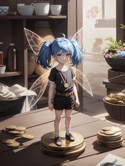 (masterpiece:1.2, best quality:1.1, highres,absurdres, high quality),(photorealistic:1.1),reflected light, colorful,ultra-detailed, ultra hd, super detailed,
<lora:minigirl_v01:3>
shrunken, tiny micro size, (oversized object), standing on table, (golden coin),coin purse, oversized coin,indoors,
lafanpan,twintails, blue hair, long hair, ahoge, blue eyes,fairy wings, smile
<lora:chara_BenriyaSaitousanIsekainiIku_Lafanpan:0.7> <lora:LowRA:0.2>