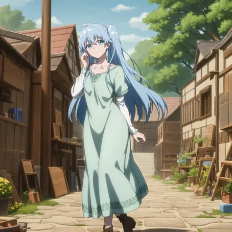 best quality, (masterpiece:1.1), detailed, 4k, 8k, sharp focus, outdoors, anime, fantasy, day, tree, street, medieval, wooden wall,
<lora:chara_BenriyaSaitousanIsekainiIku_Lafanpan_v1:0.8>, 1girl, from angle, standing, slight smile, closed mouth, collarbone, tilted head, looking at the viewer, green dress, brown footwear, white sleeves, empty hands,
lafanpan, blue eyes, ahoge, 1girl, blue hair, twintail, floating hair, (detailed eyes:1.3), <lora:style_animeScreenshotLikeStyleMixLora_v10:0.3>