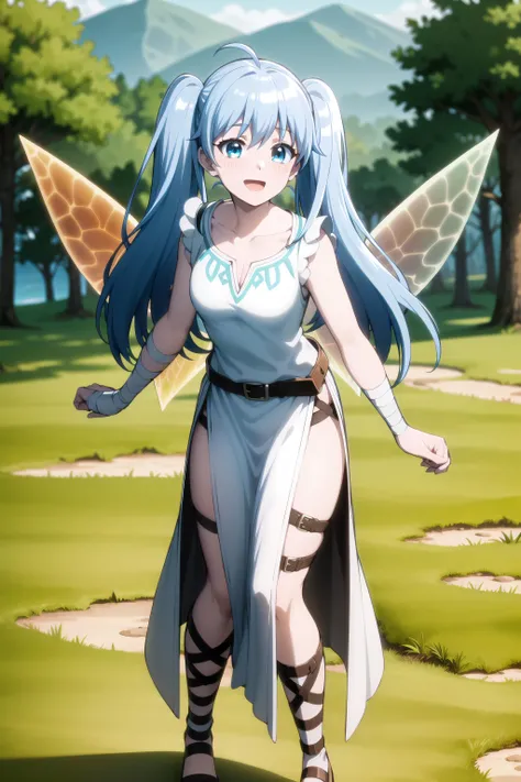 best quality, masterpiece, detailed,
<lora:chara_BenriyaSaitousanIsekainiIku_Lafanpan:0.8>, lafanpan,
open mouth, smile, light blush,
twintails, blue hair, long hair, ahoge, blue eyes, (wings:1.2),
collarbone, small breasts, white dress, belt, bandages, wrist wrap, sleeveless, gladiator sandals,
standing, looking at the viewer,
fantasy, grass field, forest
