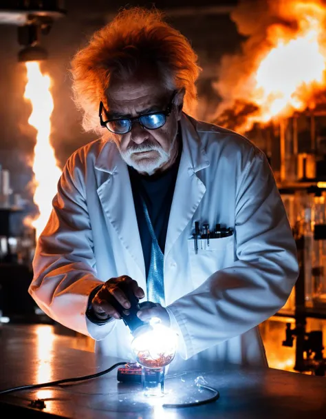 photo of a mad scientist in a lab, scene from a movie, dramatic lighting, glowing liquid, explosion , fire, lightning , close up, panic , lab coat, old man, high detail