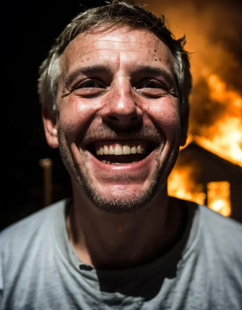 photo of a man with a dirty face, night shot, award winning photo, looking back at camera, grinning, smiling, close up, sweaty, house on fire, high detail, creepy