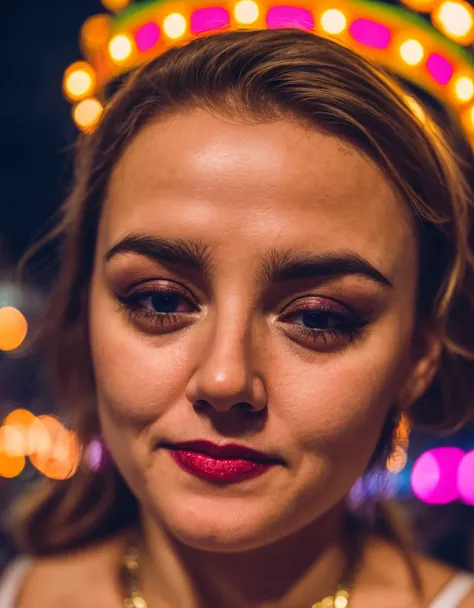 photo of a woman at a carnival at night, cinematic shot, close up of face