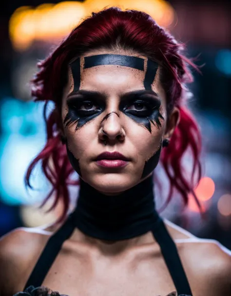 a woman in cosplay, action shot, award winning photo, shot at night, dramatic lighting, high detail skin texture on face, grunge, uhd