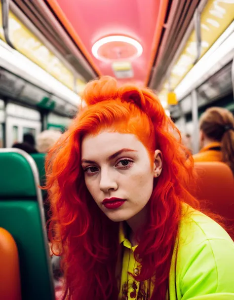 photo, woman with red hair sitting in in a train full of flamingos wearing a yellow orange high fashion outfit, very_low_angle_shot, fashion, neon lights, cinematic, shot on Afga Vista 400, 35mm, natural skin, close up