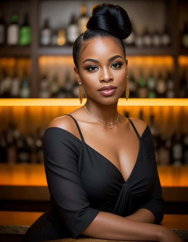 closeup portrait pretty black woman upsweep updo sitting at bar