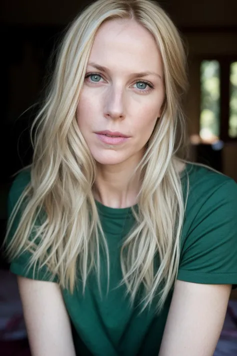 candid portrait photo, Portrait of 34yo [Jennifer Porter], blonde hair, heather green tshirt, beautiful, natural light, godrays, <lora:LowRA:.4>