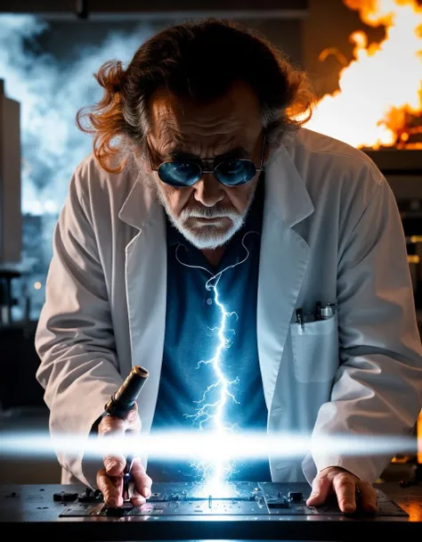 photo of a mad scientist in a lab, scene from a , dramatic lighting, glowing liquid, explosion , fire, lightning , close up, panic , lab coat, old man, high detail