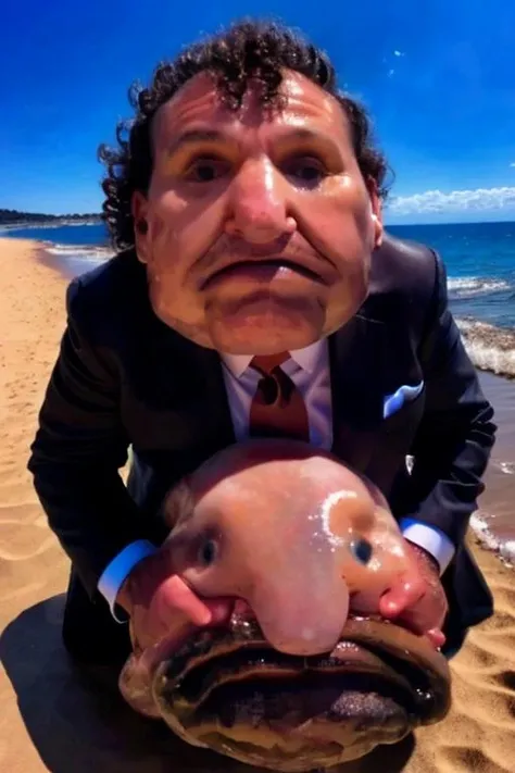 bl0bf1sh face in suit, long hair<lora:curly_hair_slider_v1:10><lora:blobfish:1.4>, beach