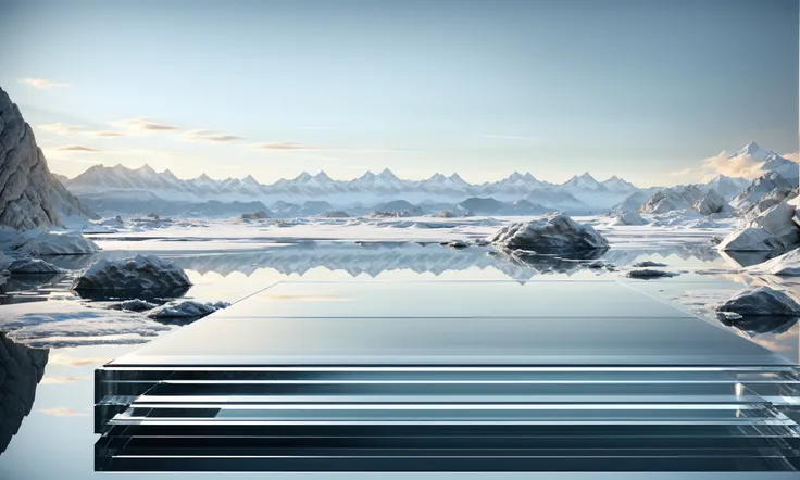 Cyan skywith water, ice, in the style of minimalist stage designs, white square stand in background, realistic landscapes with soft, tonal colors, circular shapes, rendered in cinema4d, minimalistic elements,tabletop photography, mountainous vistas <lora:~Q?-\US stage:0.9>