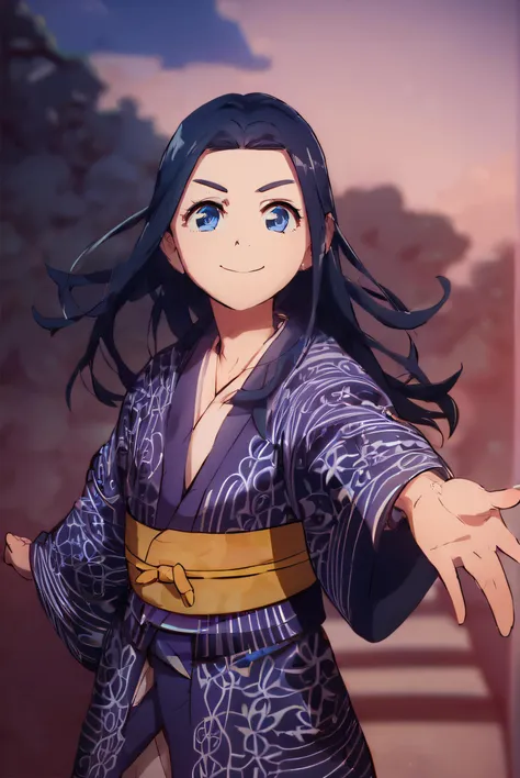 score_9,score_8_up,score_7_up,
asirpa, 1girl, solo, blue eyes, black hair, blue hair, long hair, small breasts, flat chest, kimono, yukata, obi, summer festival, standing, cowboy shot, smile, closed mouth, night, reaching towards viewer, <lora:asirpa-10:1>