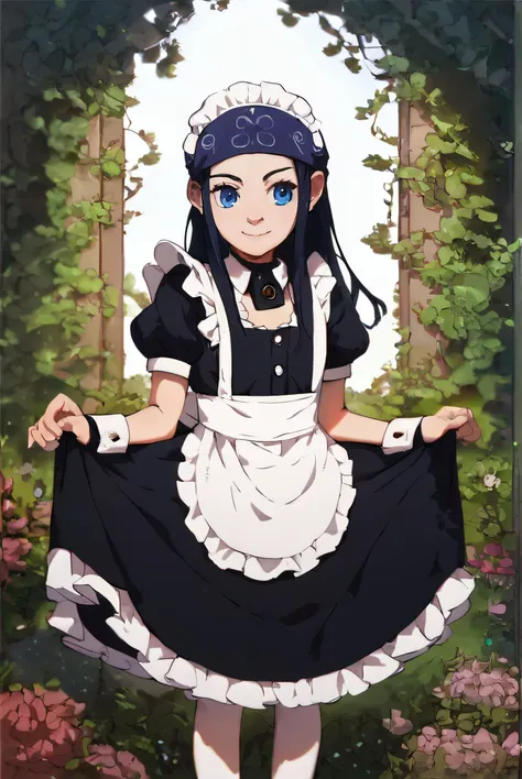 score_9,score_8_up,score_7_up,
asirpa, 1girl, solo, blue eyes, black hair, blue hair, bandana headband, long hair, small breasts, flat chest, maid, maid headdress, apron, black dress, skirt hold, smile, garden, standing, <lora:asirpa-10:1>