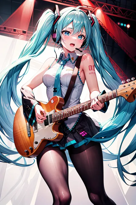 A masterpiece of a young woman, showcasing her unique style and musical talents. Outside on a beach stage, she stands confidently with one leg slightly raised, her electric guitar slung over her shoulder. Her striking features include piercing blue eyes, a twintail adorned with teal hair extensions, two piece black bikini that accentuates her toned physique, while headphones wrap around her neck, a symbol of her passion for music. As she plays the guitar, her long hair cascades down her back, a mesmerizing sight as she sings with conviction, smiling, upper body,