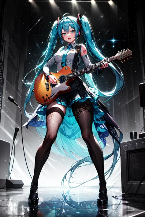 extremely detailed, CG unity, 8k, wallpaper, best quality, ultra-detailed, ((best illustration)), masterpiece, sketch, oil painting, intricate details, high resolution, black pantyhose, londe hair, absurdly long ,<lora:ainoku_HatsuneMiku:0.3> Hatsune Miku twintails, medium breasts, thick thighs, (singing), blue eyes, detailed eyes, headset, detailed background, stage, concert, ((playing the guitar)), <lora:add_detail:0.5> ,<lora:DW-000008:0.7> , full body
