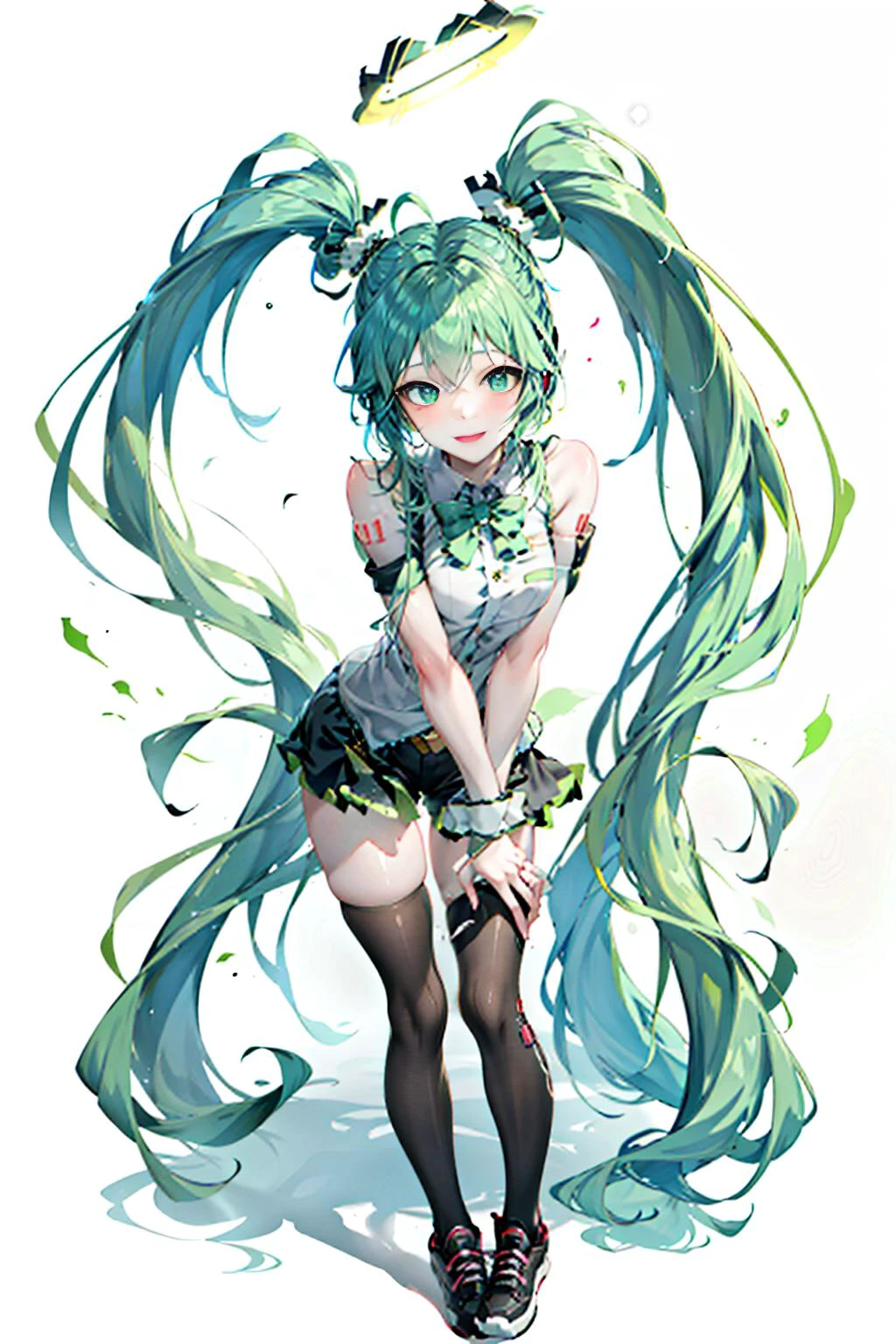 [(white background:1.5)::5],best quality, masterpiece, highres, original, extremely detailed 8K wallpaper, an extremely delicate and beautiful,,full body,straight-on,ultrawide shot,depth of field,high saturation,cafe,tatami,indoors,photorealistic,detailed manga illustration,colorful,tachie,line art,solo,petite,bishoujo,(((hatsune miku))),grayu,goddess,the creamy smooth skin,green_hair,ahoge,ponytail,payot,floating hair,bangs,green_eyes,smile,figure four sitting,detail fingers,skindentation,beautiful_face,bright pupils,office lady suit,denim shorts,black_thighhighs,sneakers,belt,hair ribbon,halo,tassel,hair ornament,hair rings,hair bow,hairband,earrings,book,armlet, <lora:ainoku_HatsuneMiku:0.7>, <lora:fashionGirl_v54:0.5> ,<lora:gachaSplashLORA_gachaSplash31:0.5>, <lora:Hipoly 3D Model:0.2> ,<lora:lightAndShadow_v10:0.3>, <lora:lightlineArtLora_v10:0.3>, <lora:koreandolllikenessV20_v20:0.5>