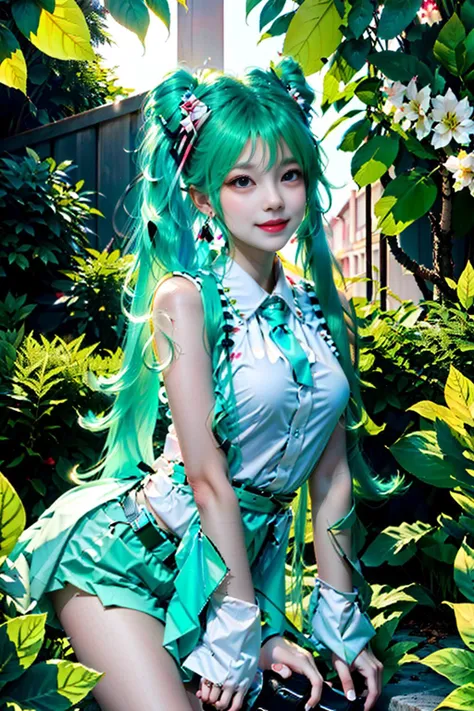 [(white background:1.5)::5],best quality, masterpiece, highres, original, extremely detailed 8K wallpaper, an extremely delicate and beautiful,,full body,straight-on,ultrawide shot,depth of field,high saturation,cafe,tatami,indoors,photorealistic,detailed manga illustration,colorful,tachie,line art,solo,petite,bishoujo,(((hatsune miku))),grayu,goddess,the creamy smooth skin,green_hair,ahoge,ponytail,payot,floating hair,bangs,green_eyes,smile,figure four sitting,detail fingers,skindentation,beautiful_face,bright pupils,office lady suit,denim shorts,black_thighhighs,sneakers,belt,hair ribbon,halo,tassel,hair ornament,hair rings,hair bow,hairband,earrings,book,armlet, <lora:ainoku_HatsuneMiku:0.7>, <lora:fashionGirl_v54:0.5> ,<lora:gachaSplashLORA_gachaSplash31:0.5>, <lora:Hipoly 3D Model:0.2> ,<lora:lightAndShadow_v10:0.3>, <lora:lightlineArtLora_v10:0.3>, <lora:koreandolllikenessV20_v20:0.5>