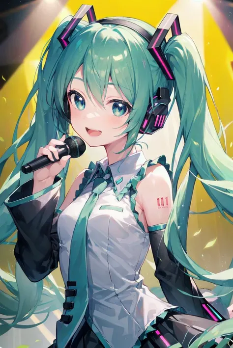 8k, masterpiece, best quality, ultra-detailed,
Hatsune Miku, twintails,<lora:ainoku_HatsuneMiku:0.4>,
1girl, solo, kawaii, cute, very big eyes, Aesthetic Anime Eyes, small face,
white sleeveless shirt, black skirt, green necktie, black sleeves, headphones,
light smile, open mouth, singing,
upper body, (stage), looking at viewer,