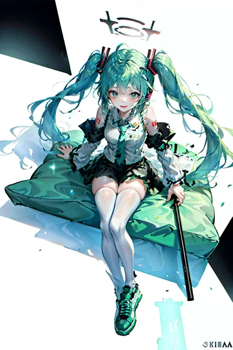 [(white background:1.5)::5],best quality, masterpiece, highres, original, extremely detailed 8K wallpaper, an extremely delicate and beautiful,,full body,straight-on,ultrawide shot,depth of field,high saturation,cafe,tatami,indoors,photorealistic,detailed manga illustration,colorful,tachie,line art,solo,petite,bishoujo,(((hatsune miku))),grayu,goddess,the creamy smooth skin,green_hair,ahoge,ponytail,payot,floating hair,bangs,green_eyes,smile,figure four sitting,detail fingers,skindentation,beautiful_face,bright pupils,office lady suit,denim shorts,black_thighhighs,sneakers,belt,hair ribbon,halo,tassel,hair ornament,hair rings,hair bow,hairband,earrings,book,armlet, <lora:ainoku_HatsuneMiku:0.7>, <lora:fashionGirl_v54:0.5> ,<lora:gachaSplashLORA_gachaSplash31:0.5>, <lora:Hipoly 3D Model:0.2> ,<lora:lightAndShadow_v10:0.3>, <lora:lightlineArtLora_v10:0.3>, <lora:koreandolllikenessV20_v20:0.5>
