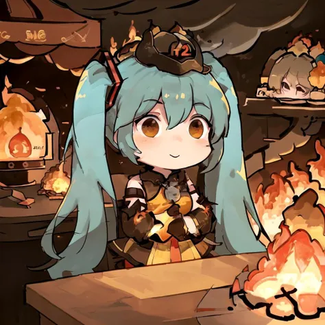 ((masterpiece)) ((sfw))
(blurry_background) (depth_of_field)
<lora:ainoku_HatsuneMiku:0.25>
(Hatsune Miku) (twintails)
(brown:1.6) (small_hat)
(holding_matches) (fire_on_head) (on_fire) (burning)
(sitting) (confused)
(crossed_arms)
<lora:thisisfineV3:0.5>
(burning room) (smoke) (flames) (fire:1.6)
<lora:teriderp:0.65>
(teriderp) (chibi)
<lora:on_fire10:0.55>
(human on fire)