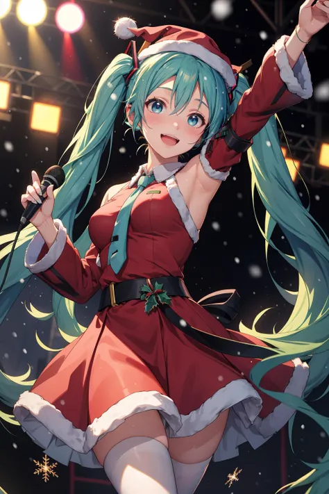 masterpiece, best quality, highres, absurdres, ultra detailed, pretty eyes, pretty hands
(Hatsune Miku) (twintails) (medium_breasts), santa dress, santa hat, smiling, detached sleeves, mic in hand, singing
dancing, live on stage, (snow:1.2), ((blurry background))
<lora:ainoku_HatsuneMiku:0.3>