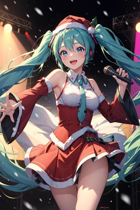 masterpiece, best quality, highres, absurdres, ultra detailed, pretty eyes, pretty hands
(Hatsune Miku) (twintails) (medium_breasts), santa dress, santa hat, smiling, detached sleeves, mic in hand, singing
dancing, live on stage, (snow:1.2)
<lora:ainoku_HatsuneMiku:0.3>