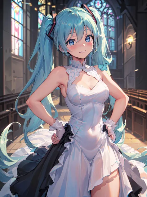 ((masterpiece))((sfw))
(best_quality)
(fisheye) (facing_viewer) (upper_body) (close-up:1.4)
(blurry_background) (depth_of_field) (inside church) (church)
<lora:ainoku_HatsuneMiku:0.25>
(Hatsune Miku) (twintails)
(medium_breasts) (skindentation) (thick_thighs)
(blush) (light_smile) (smile) (blue_eyes:1.4) (detailed_eyes)
<lora:sexy_wedding_short_dress:0.3>
(black_dress:1.4) (black_wedding_dress) (SWSD) (FLWR)
(hands_on_hips:1.4)