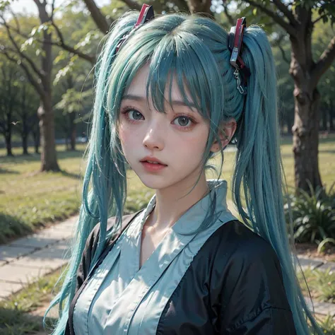 RAW photo,Best quality, masterpiece:1.4, ultra high res, (photorealistic:1.4), raw photo, 1girl,  in the dark, deep shadow, [:(highly detail face: 1.2):0.1], (PureErosFace_V1:0.6), pore, real human skin, a portrait of a 18yo woman reeds , shiny eyes,looking at viewer,<lora:breastinclassBetter:0.3>, blunt bangs,light blue hair,hatsune miku \(cosplay\), twintails,  <lora:ainoku_HatsuneMiku:0.45>, full body, outdoors, <lora:hanfu_v30:0.2>,forest, hanfu, ming style,birds around her,