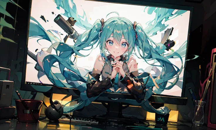 best quality, masterpiece, 1girl, hatsune miku, through_screen, smile, monitor, keyboard \(computer\), mouse \(computer\) <lora:ThroughScreenV2:0.8> <lora:ainoku_HatsuneMiku:0.5>