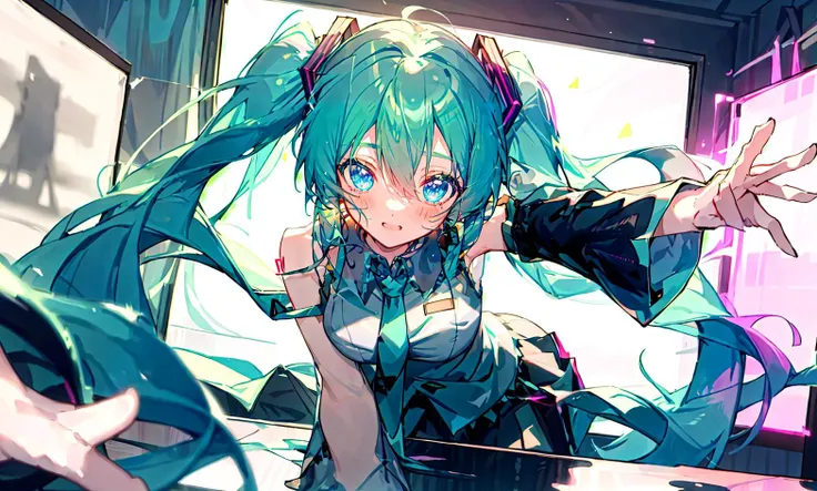 ((masterpiece))
(best_quality)(1girl)
facing_viewer,far
(blurry_background) (depth_of_field)
gaming_room,messy_room,otaku_room,(screen)
(Hatsune Miku) (twintails)
(medium_breasts)
light_smile,blue_eyes:1.4
<lora:ThroughScreenV2:0.8> <lora:ainoku_HatsuneMiku:0.8>arm up, leaning forward, hand on own chest, ((outstretched hand))