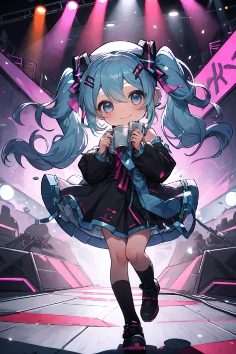 masterpiece, best quality, ultra-detailed, illustration, an extremely delicate and beautiful,
<lora:lx:0.7>,chibi,1girl, solo, light smile,
<lora:flat2:-0.3>,
<lora:HatsuneMiku:0.3>,Hatsune Miku,twintails,live stage,