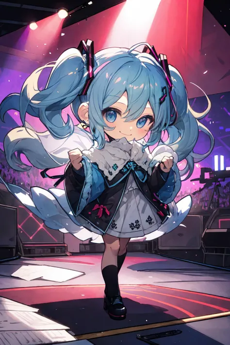 masterpiece, best quality, ultra-detailed, illustration, an extremely delicate and beautiful, 
<lora:lx:0.7>,chibi,1girl, solo, light smile,
<lora:flat2:-0.3>,
 <lora:HatsuneMiku:0.3>,Hatsune Miku,twintails,live stage,