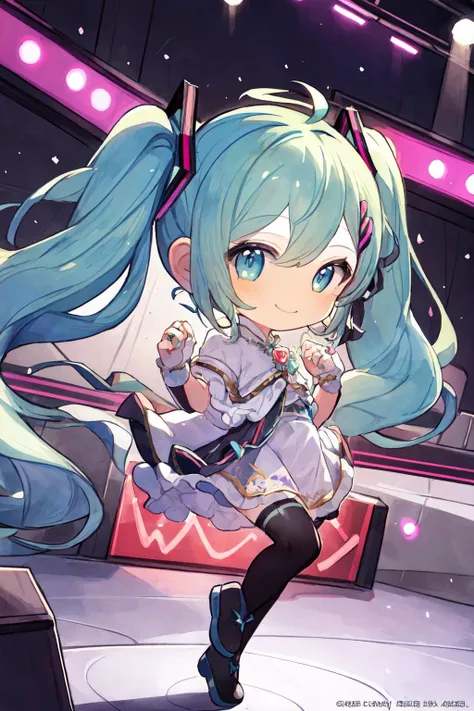 masterpiece, best quality, ultra-detailed, illustration, an extremely delicate and beautiful,
<lora:lx:0.7>,chibi,1girl, solo, light smile,
<lora:flat2:-0.3>,
<lora:HatsuneMiku:0.3>,Hatsune Miku,twintails,live stage,