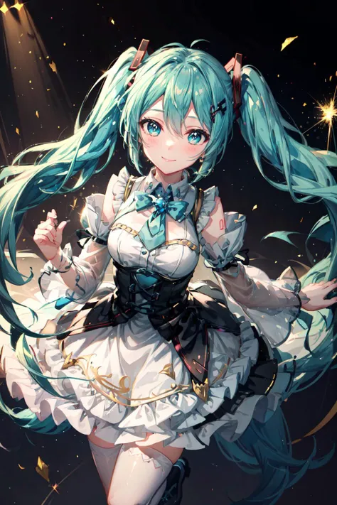 masterpiece, best quality, ultra-detailed, illustration, an extremely delicate and beautiful,
1girl, solo, light smile,
<lora:flat2:-0.2>,<lora:add_detail:0.5>,<lora:hipoly_3dcg_v7-epoch:0.5:NF>,<lora:epi_noiseoffset2:1>,
<lora:HatsuneMiku:0.5>,Hatsune Miku,twintails,(live stage), Particles of Light,