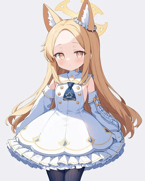seia \(blue archive\),1girl, white_dress, solo, white_bird, white_background, detached_sleeves, simple_background, forehead, halo, white_sailor_collar, sleeves_past_fingers, short_necktie, feet_out_of_frame, sleeveless_dress, bow, looking_at_viewer, frills, animal_ear_fluff, blush, hair_flower, striped_pantyhose, parted_lips, vertical_stripes
<lora:seia_(blue_archive)_image1153_2023-12-03-000014:1>halo. gorgeous,key visual, vibrant, studio anime,award-winning, professional, highly detailed,high budget, cinemascope