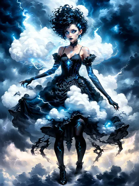 Cloud empress, (ethereal otherworldly flowing fading) (puffy cloud-like:1.4) ornate black and electric blue dress, furious look, black stockings, short black (puffy wispy cloud-like hair:1.3), (glowing tattoos), (dark black thunderclouds:1.2), (rainstorm), (forked lightning:1.3), (rainstorm), (thunderstorm), furious look, glowing eyes, sinister, menacing, violent, european, (full body portrait), fairytale fantasy painting, (Jean-baptiste monge), (wlop), breathtaking, masterpiece, artful, delicate, soul, gorgeous, extremely intricate details, <lora:add-detail-xl:1.2>, <lora:xl_more_art-full_v1:1>, <lora:cloudAI:0.5>