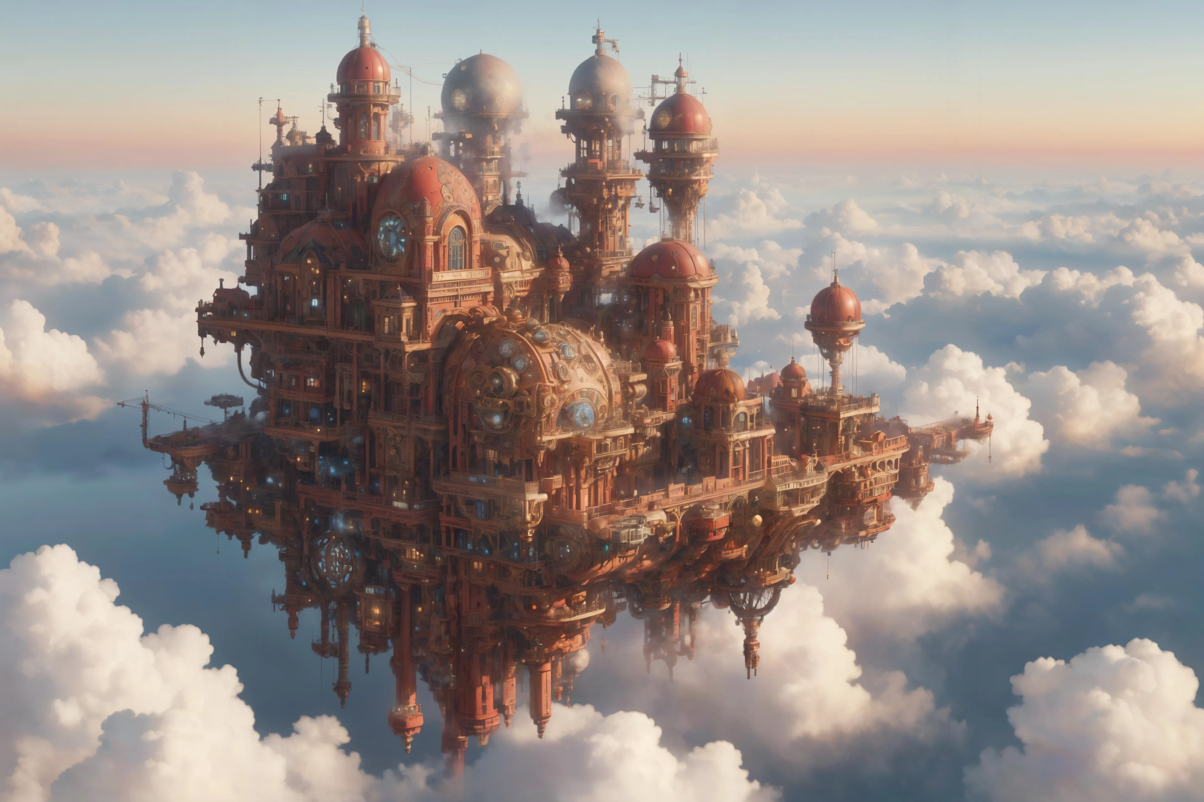 floating steam punk city in a sea of clouds, setting sun, red warm colors, (masterpiece:1.2), best quality, (intricate details, hyperdetailed, highest detailed:1.2), (high resolution textures), <lora:cloudAI-000033:0.8> cloudAI