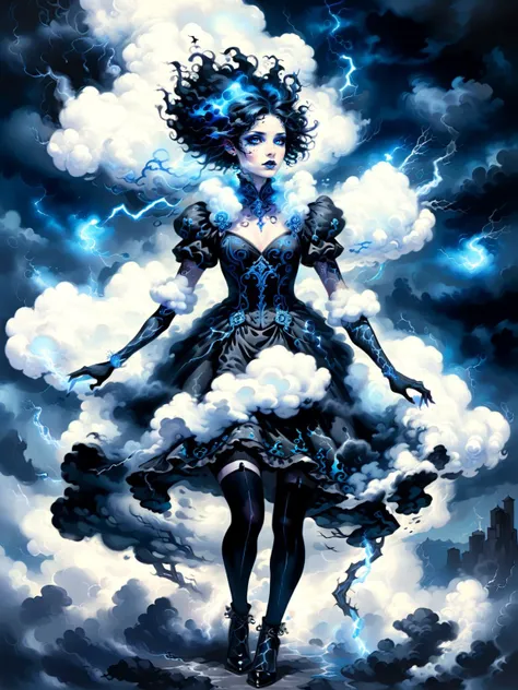 Cloud empress, (ethereal otherworldly flowing fading) (puffy cloud-like:1.4) ornate black and electric blue dress, furious look, black stockings, short black (puffy wispy cloud-like hair:1.3), (glowing tattoos), (dark black thunderclouds:1.2), (rainstorm), (forked lightning:1.3), (rainstorm), (thunderstorm), furious look, glowing eyes, sinister, menacing, violent, european, (full body portrait), fairytale fantasy painting, (Jean-baptiste monge), (wlop), breathtaking, masterpiece, artful, delicate, soul, gorgeous, extremely intricate details, <lora:add-detail-xl:1.2>, <lora:xl_more_art-full_v1:1>, <lora:cloudAI:0.5>