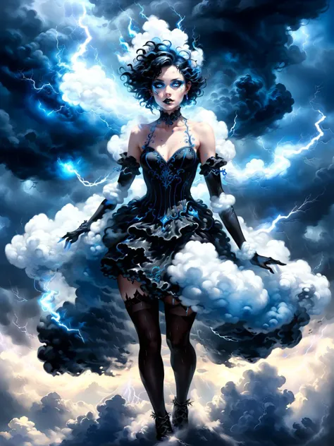 Cloud empress, (ethereal otherworldly flowing fading) (puffy cloud-like:1.4) ornate black and electric blue dress, furious look, black stockings, short black (puffy wispy cloud-like hair:1.3), (glowing tattoos), (dark black thunderclouds:1.2), (rainstorm), (forked lightning:1.3), (rainstorm), (thunderstorm), furious look, glowing eyes, sinister, menacing, violent, european, (full body portrait), fairytale fantasy painting, (Jean-baptiste monge), (wlop), breathtaking, masterpiece, artful, delicate, soul, gorgeous, extremely intricate details, <lora:add-detail-xl:1.2>, <lora:xl_more_art-full_v1:1>, <lora:cloudAI:0.5>