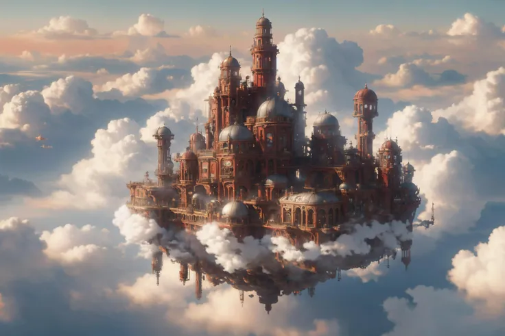 floating steam punk city in a sea of clouds, setting sun, red warm colors, (masterpiece:1.2), best quality, (intricate details, hyperdetailed, highest detailed:1.2), (high resolution textures), <lora:cloudAI-000033:0.8> cloudAI