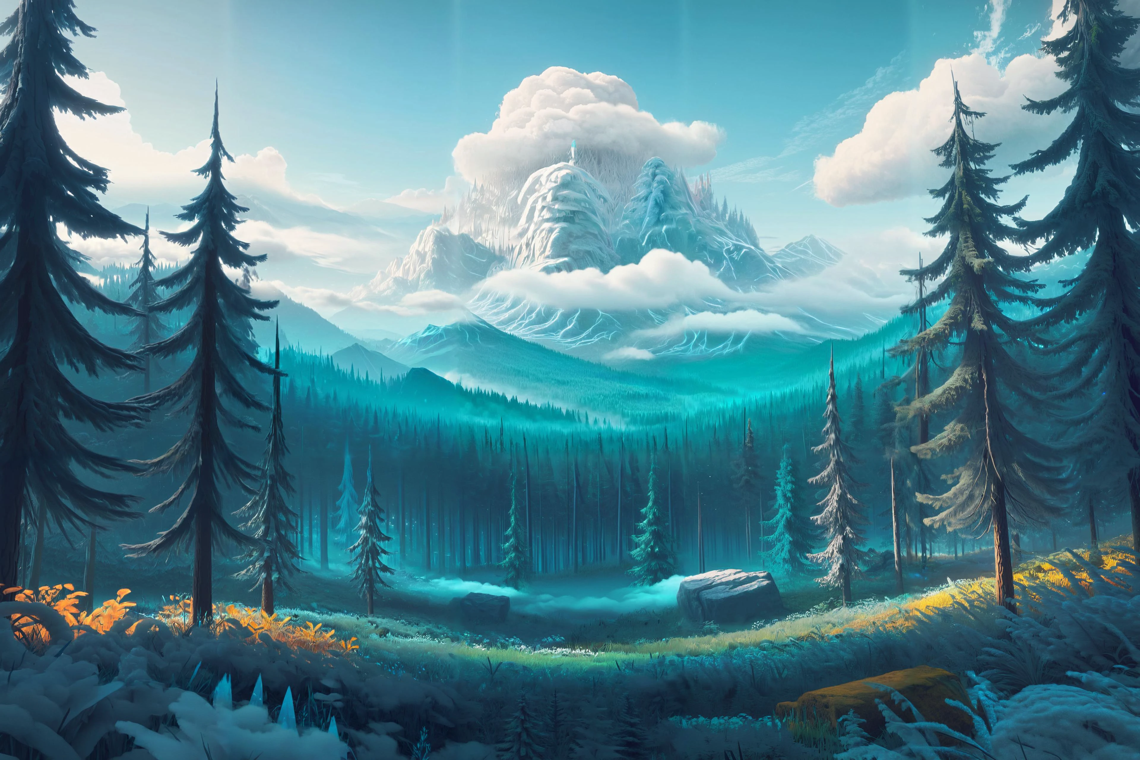fantasy landscape, (masterpiece:1.2), best quality, (intricate details, hyperdetailed, highest detailed:1.2), (high resolution textures), <lora:cloudAI:0.8> cloudAI <lora:MinimalLandscapeXL:1> drawing of a minimalist landscape, mountain, tree, forest