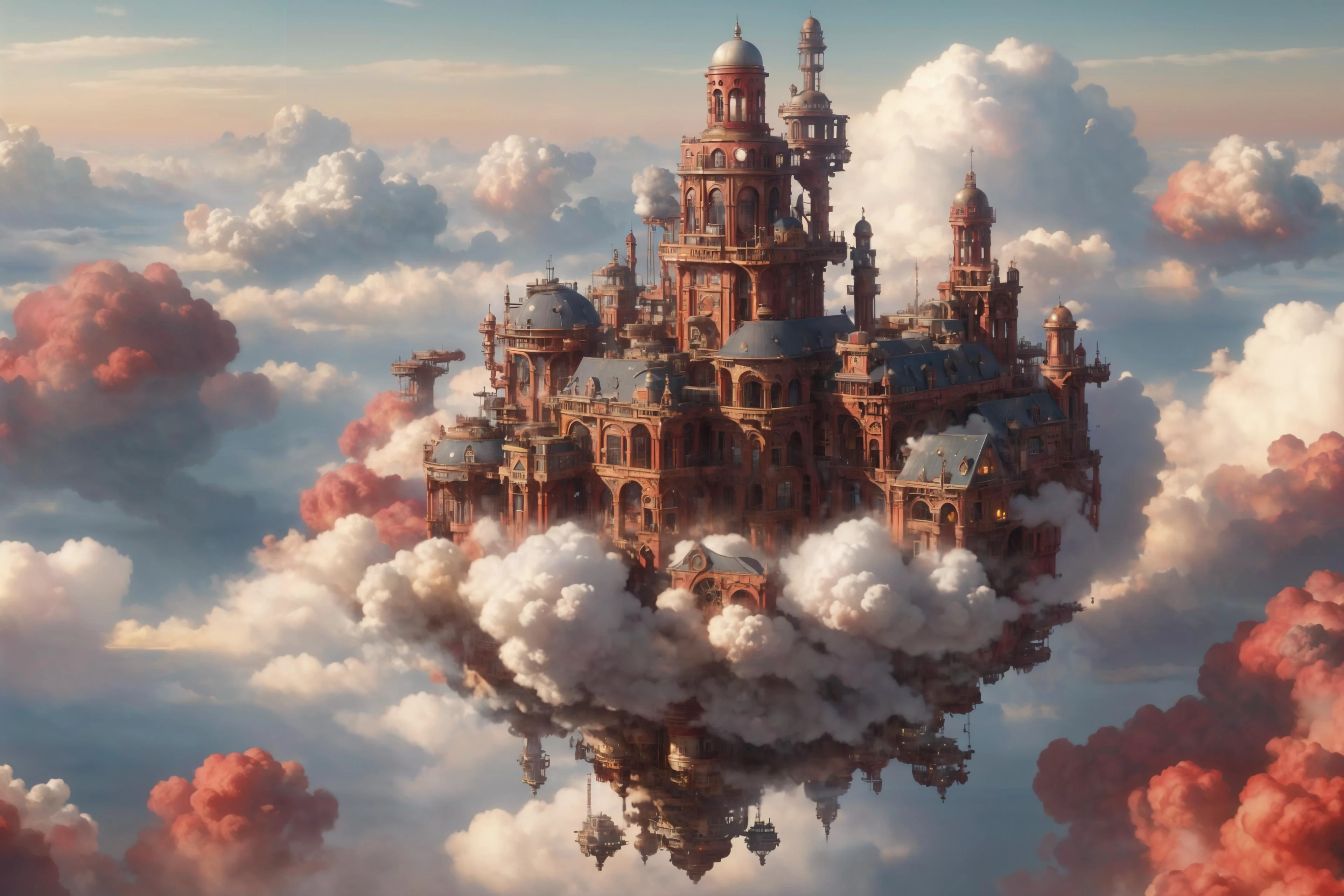 floating steam punk city in a sea of clouds, setting sun, red warm colors, (masterpiece:1.2), best quality, (intricate details, hyperdetailed, highest detailed:1.2), (high resolution textures), <lora:cloudAI-000033:0.8> cloudAI