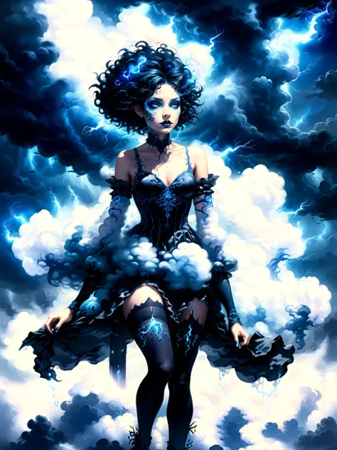 Cloud empress, (ethereal otherworldly flowing fading) (puffy cloud-like:1.4) ornate black and electric blue dress, furious look, black stockings, short black (puffy wispy cloud-like hair:1.3), (glowing tattoos), (dark black thunderclouds:1.2), (rainstorm), (forked lightning:1.3), (rainstorm), (thunderstorm), furious look, glowing eyes, sinister, menacing, violent, european, (full body portrait), fairytale fantasy painting, (Jean-baptiste monge), (wlop), breathtaking, masterpiece, artful, delicate, soul, gorgeous, extremely intricate details, <lora:add-detail-xl:1.2>, <lora:xl_more_art-full_v1:1>, <lora:cloudAI:0.5>