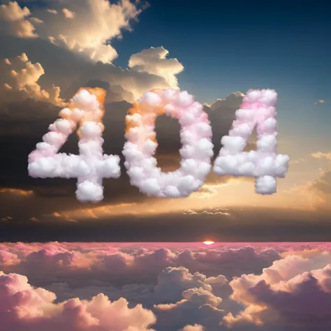 ("404" text:1.4) made of clouds, sunset, pink and orange hues, wide shot, centered, <lora:cloudAI-000033:0.8>, CloudAI