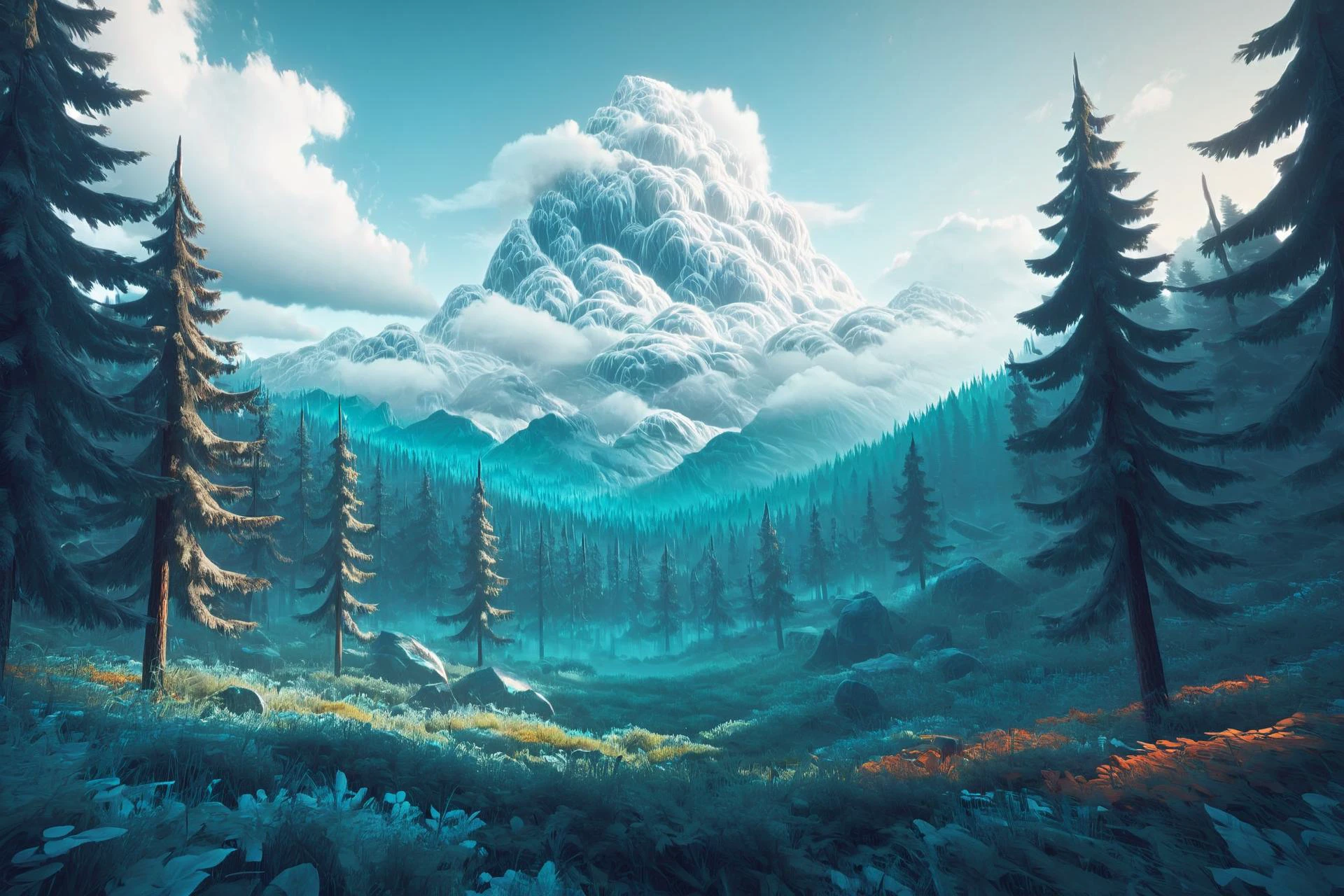 fantasy landscape, (masterpiece:1.2), best quality, (intricate details, hyperdetailed, highest detailed:1.2), (high resolution textures), <lora:cloudAI:0.8> cloudAI <lora:MinimalLandscapeXL:1> drawing of a minimalist landscape, mountain, tree, forest