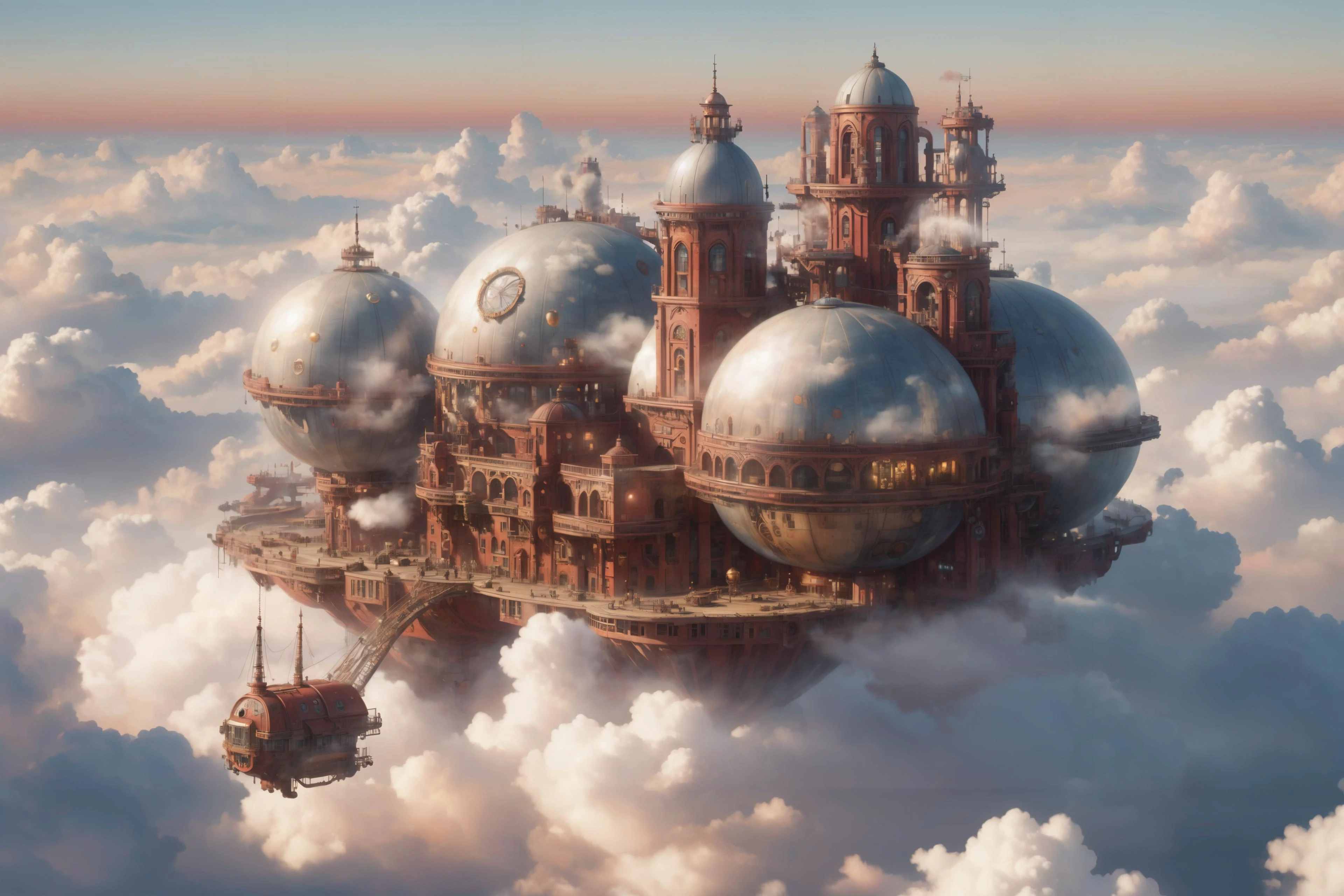 floating steam punk city in a sea of clouds, setting sun, red warm colors, (masterpiece:1.2), best quality, (intricate details, hyperdetailed, highest detailed:1.2), (high resolution textures), <lora:cloudAI-000033:0.8> cloudAI