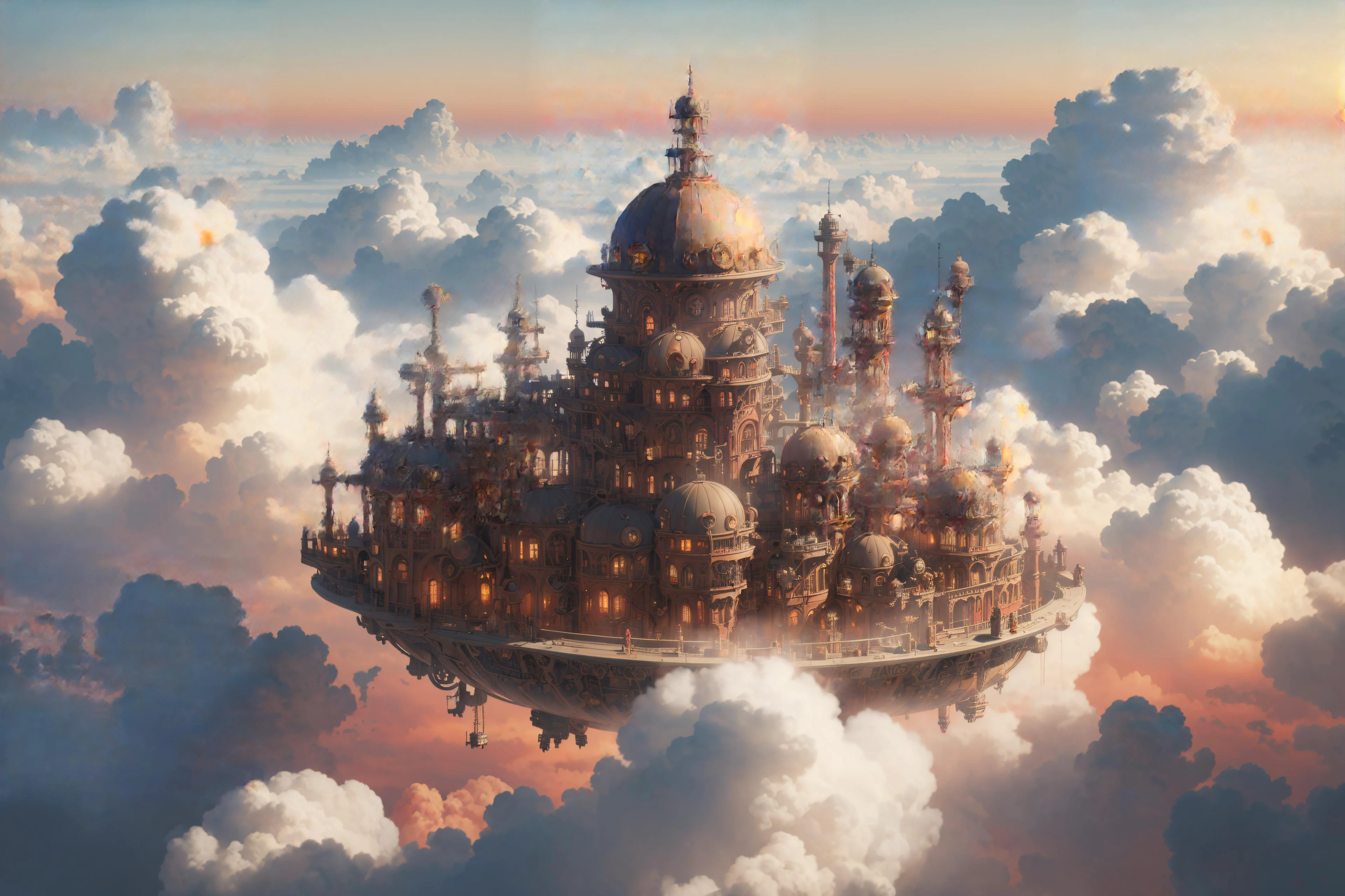 floating steam punk city in a sea of clouds, setting sun, red warm colors, (masterpiece:1.2), best quality, (intricate details, hyperdetailed, highest detailed:1.2), (high resolution textures), <lora:cloudAI-000033:0.8> cloudAI