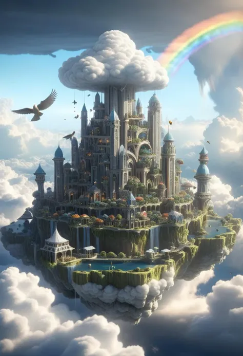 masterpiece, best quality, detailed, floating cities in the sky, multiple land masses, fantasy architecture, verticality, rainbows, birds, cloudAI,
<lora:cloudAI-000033:0.8>